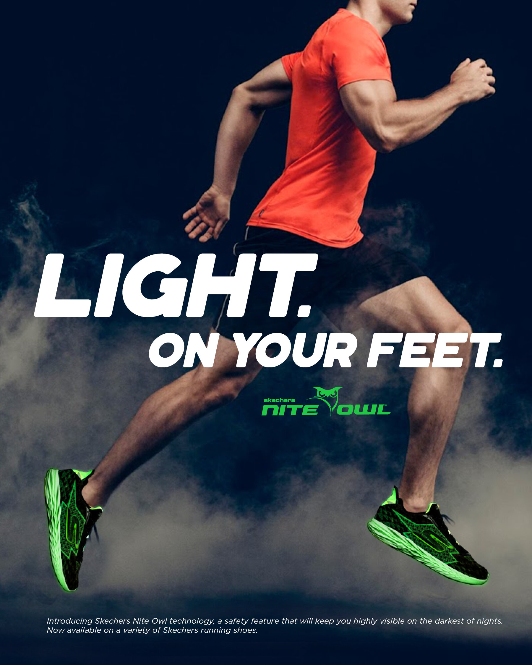 A person in a red shirt and black shorts running, wearing green and black Skechers Nite Owl shoes with glowing soles. The background is dark with a smoky effect. Text reads "LIGHT. ON YOUR FEET." and promotional information about Skechers Nite Owl sh