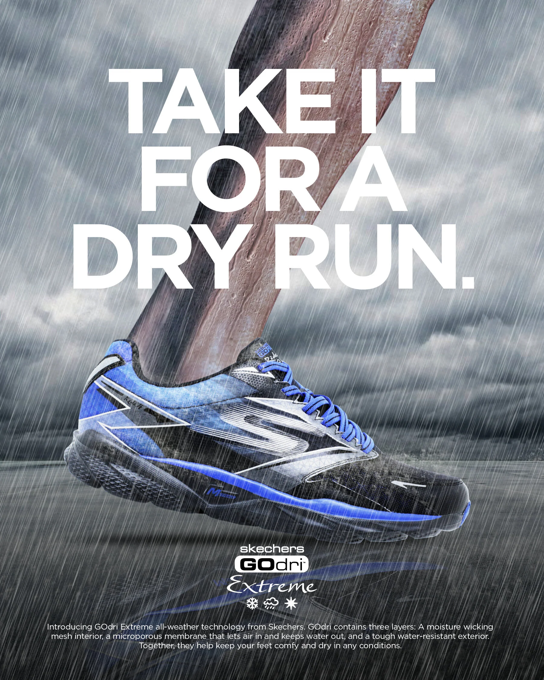 A running shoe with the text 'Take it for a dry run' over a rainy background.