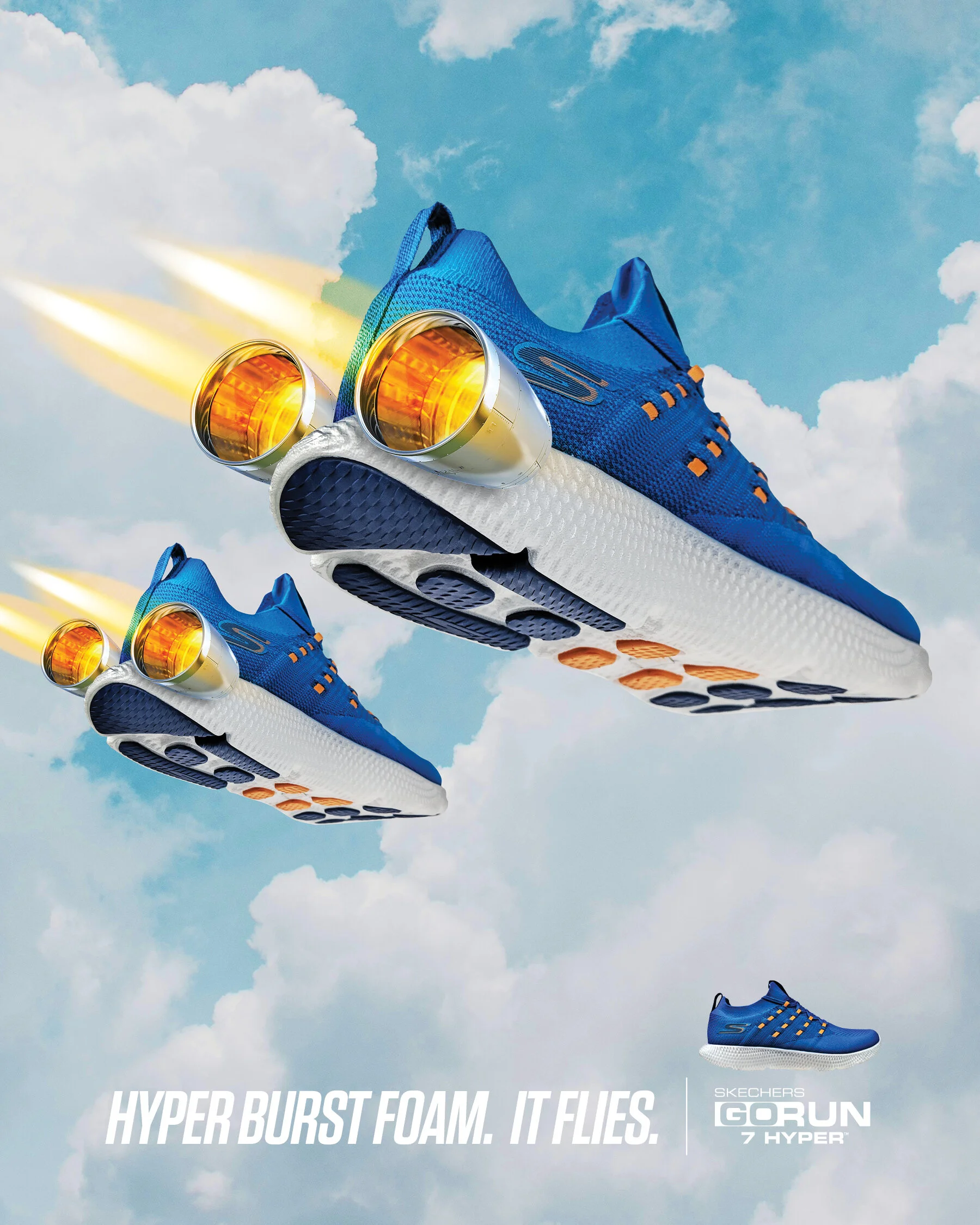 A digital illustration of blue and white sneakers with rocket engines attached to the heels, flying through a partly cloudy sky. The text reads: "Hyper Burst Foam. It Flies." and includes the Skechers GORUN 7 Hyper logo.