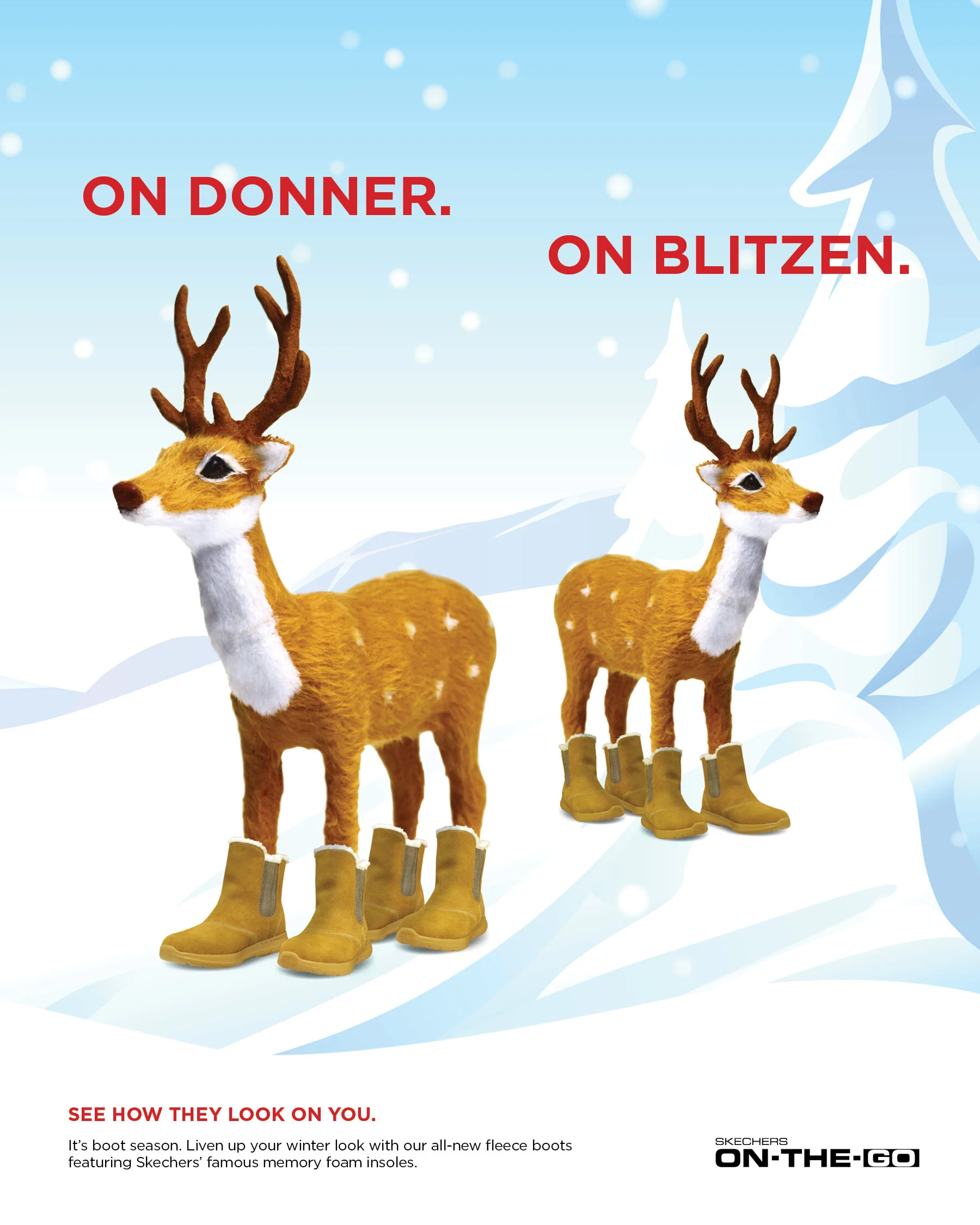 Two reindeer wearing yellow winter boots standing on a snowy landscape with snow-covered trees and falling snow in the background, with red text saying 'On Donner. On Blitzen.'