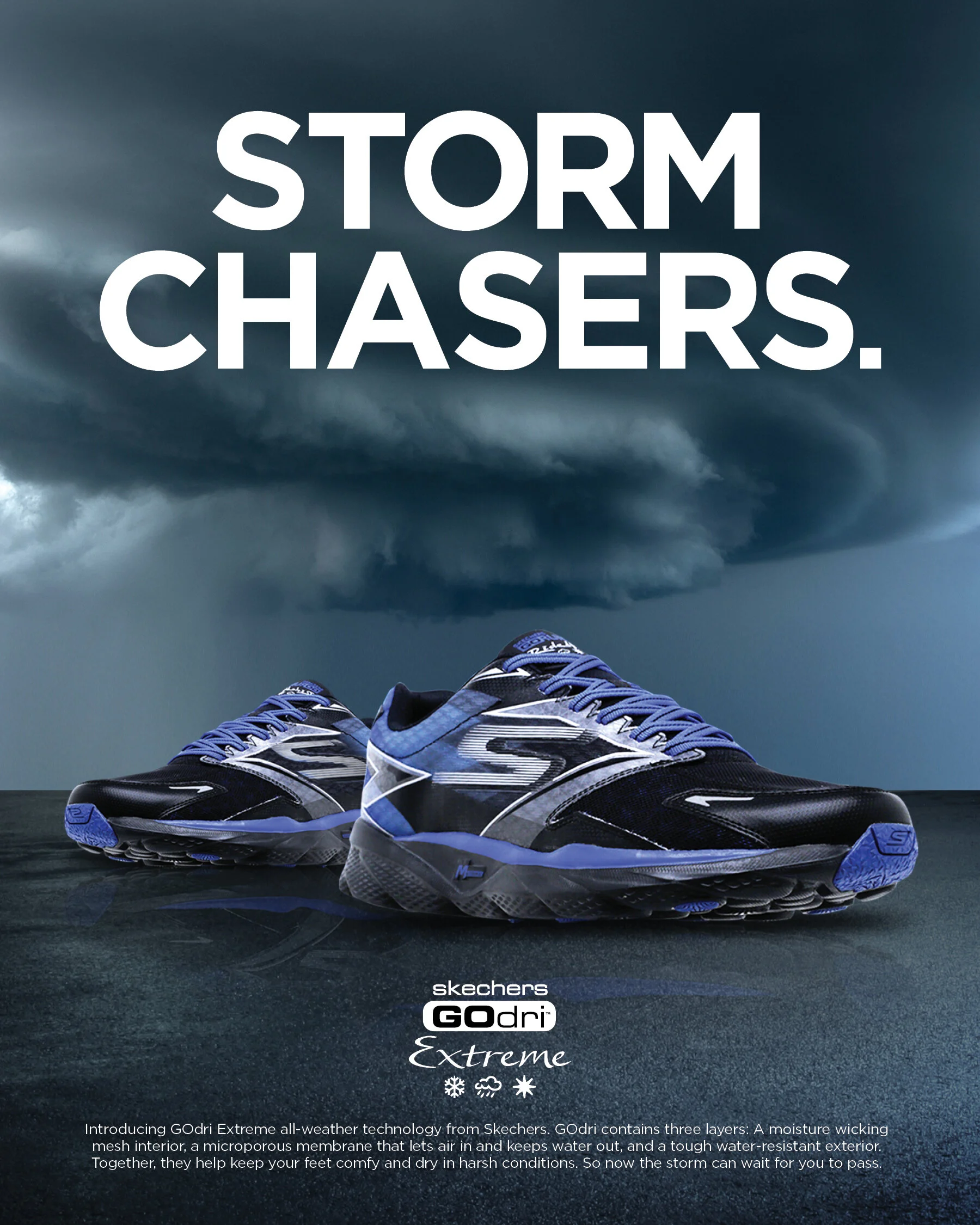 A pair of black and blue Skechers GOdri Extreme running shoes on a wet surface with a stormy sky featuring dark clouds in the background. Text reads 'Storm Chasers.' and details about the shoes' all-weather technology.