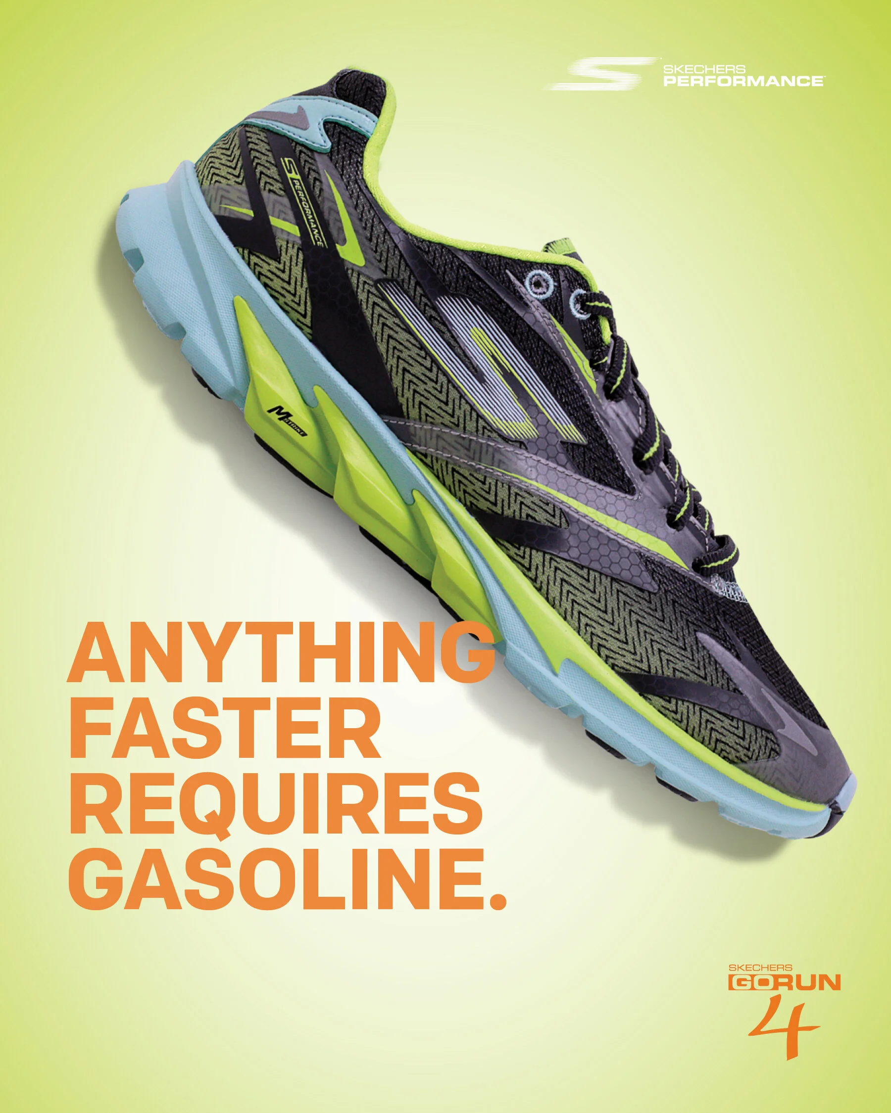 A Skechers GOrun 4 running shoe in black, neon green, and light blue colors with a textured design, set against a gradient yellow-green background, accompanied by the phrase 'Anything faster requires gasoline.'