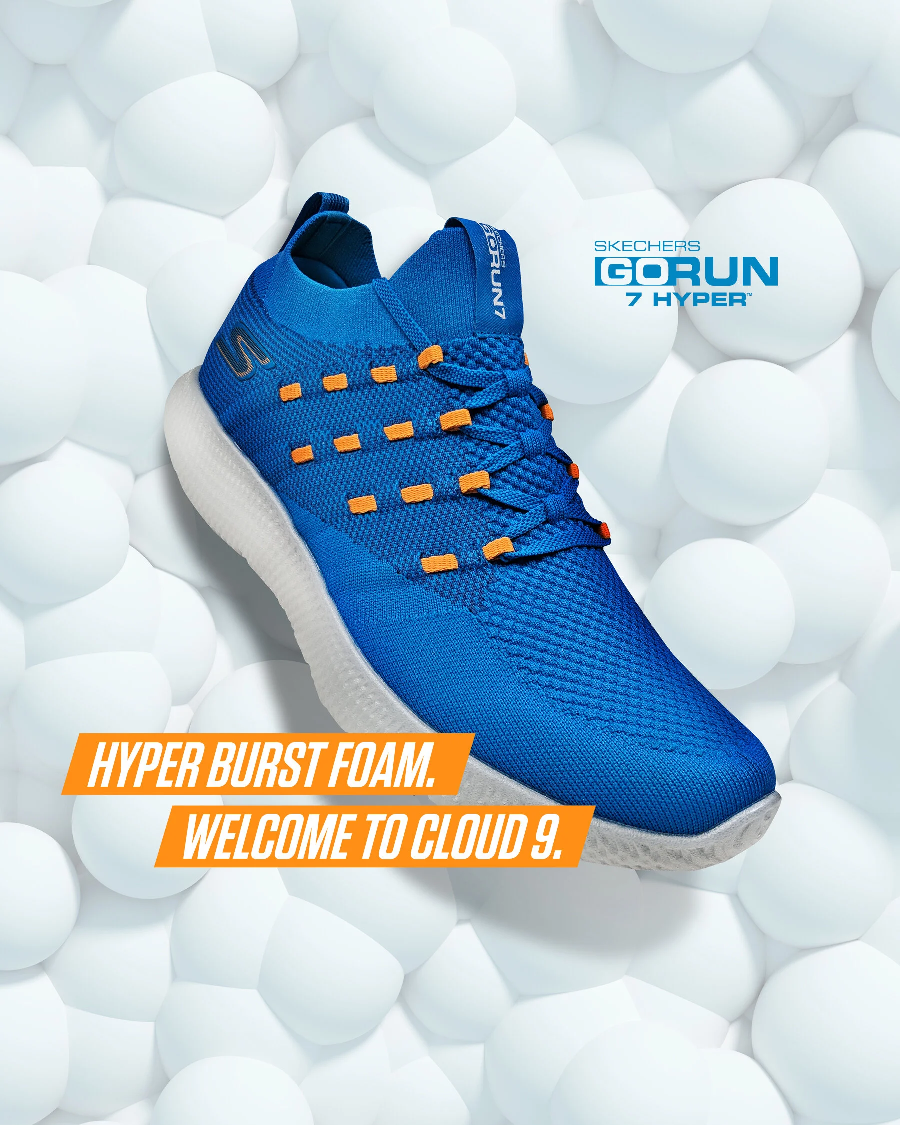 A blue Skechers GORUN 7 HYPER running shoe surrounded by white spheres. The text on the image says 'Hyper Burst Foam. Welcome to Cloud 9.' and 'Skechers GORUN 7 Hyper.'