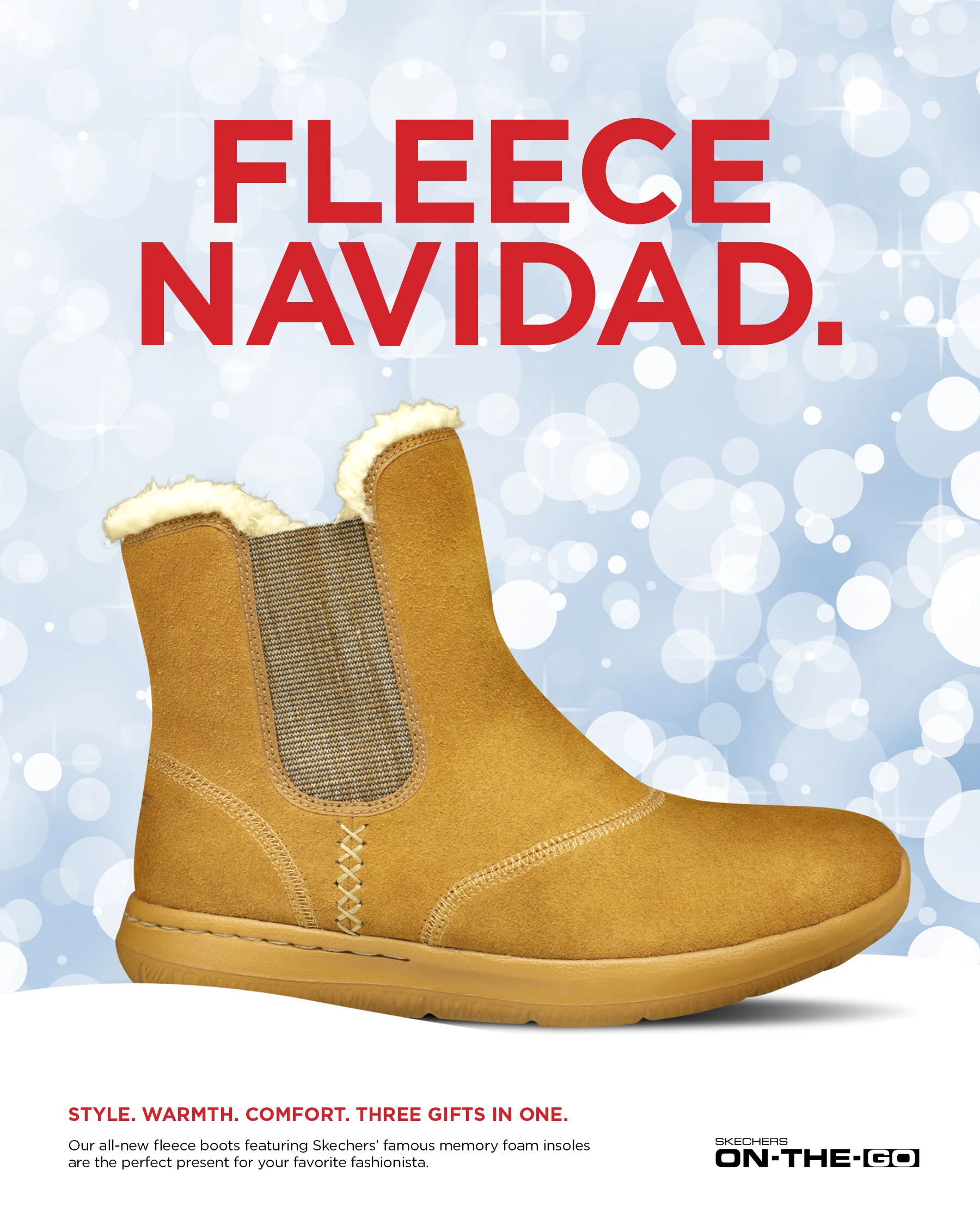 Promotional image of a tan fleece boot with a snowy background and red text that reads 'FLEECE NAVIDAD.' Below, there's a description about Skechers fleece boots for Christmas.