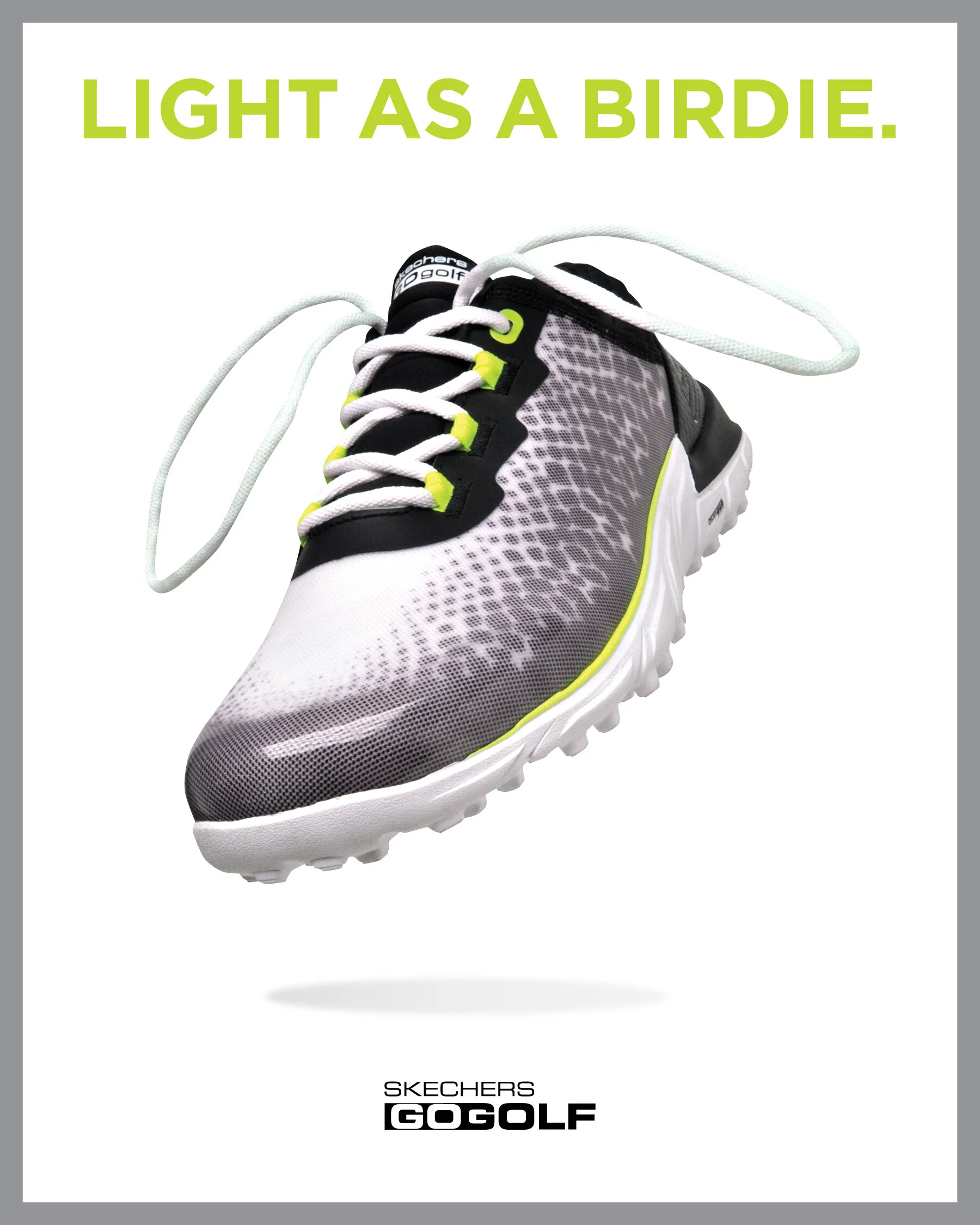 A Skechers GOGOLF athletic shoe with black, white, gray, and neon yellow accents, displayed against a white background with green text that reads 'Light as a Birdie.'