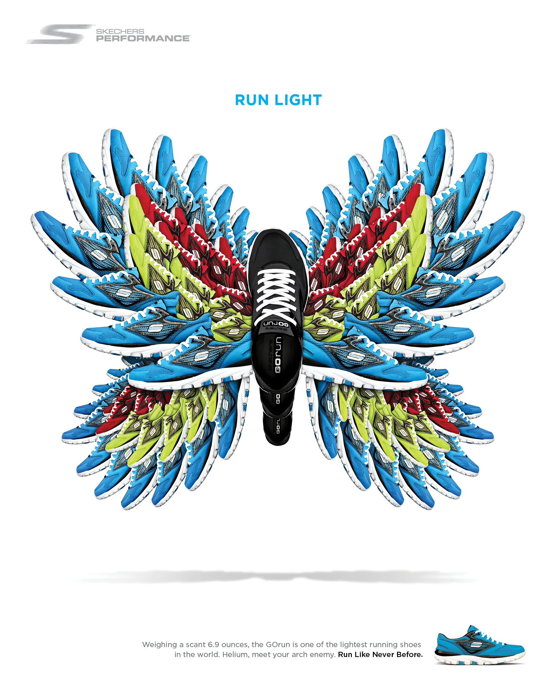 Multiple pairs of blue, red, and green Skechers GOrun running shoes arranged in a butterfly pattern with a black shoe in the center. The text 'Run Light' is at the top, and the bottom text highlights the shoe's weight and performance.