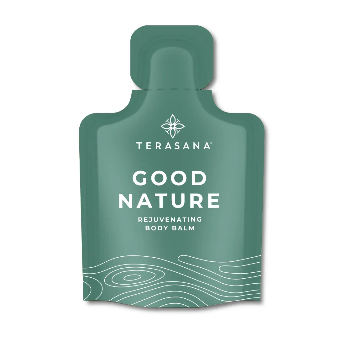Terasana Good Nature Rejuvenating Body Balm in green pouch with white text and design.
