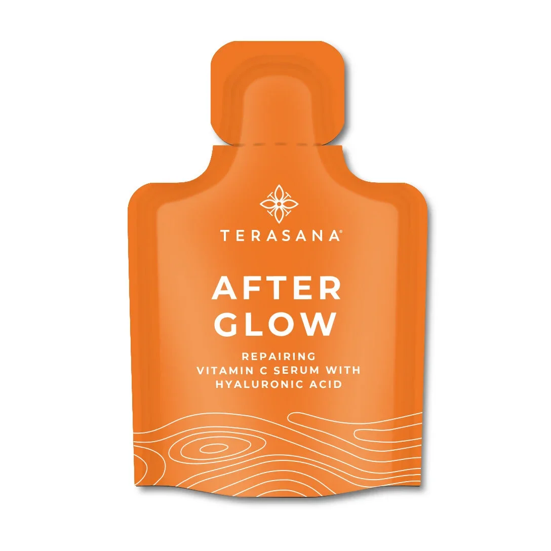 Orange pouch of Terasena After Glow repairing vitamin C serum with hyaluronic acid.