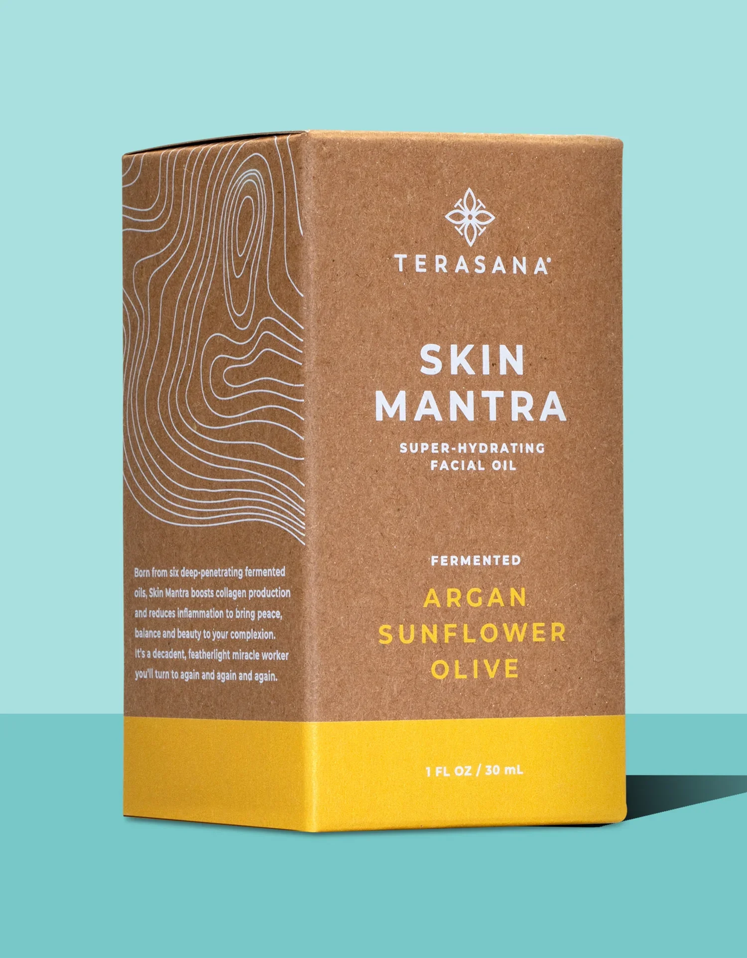 Box of Terasana Skin Mantra super-hydrating facial oil with ingredients like argan, sunflower, olive, and fermented oils, standing against a light blue background.
