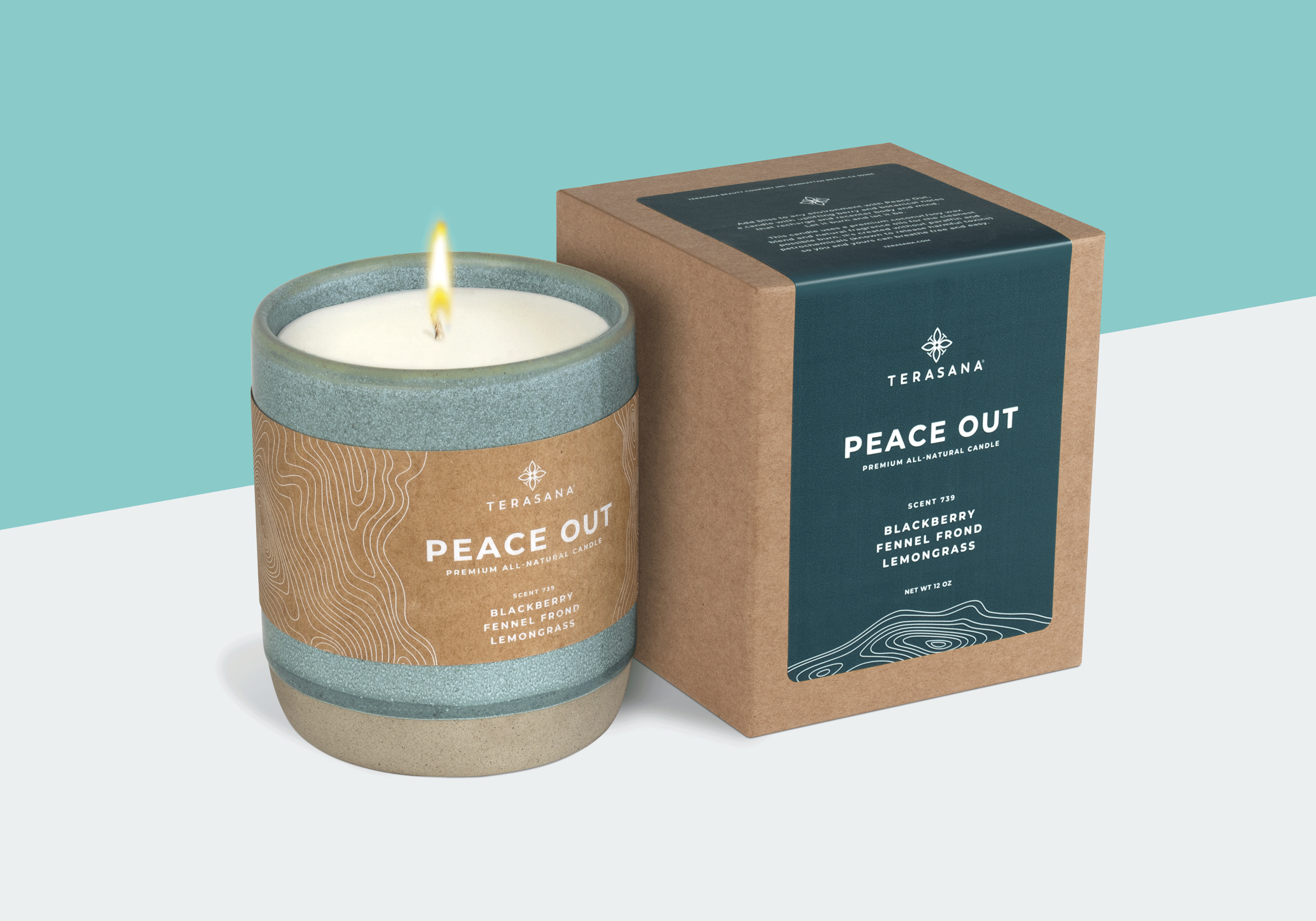 A lit candle in a ceramic container with a tan label reading 'Peace Out' and a box of the same candle scent beside it. The candle's label indicates it is a blackberry, fennel frond, lemon grass scent from Terasana.