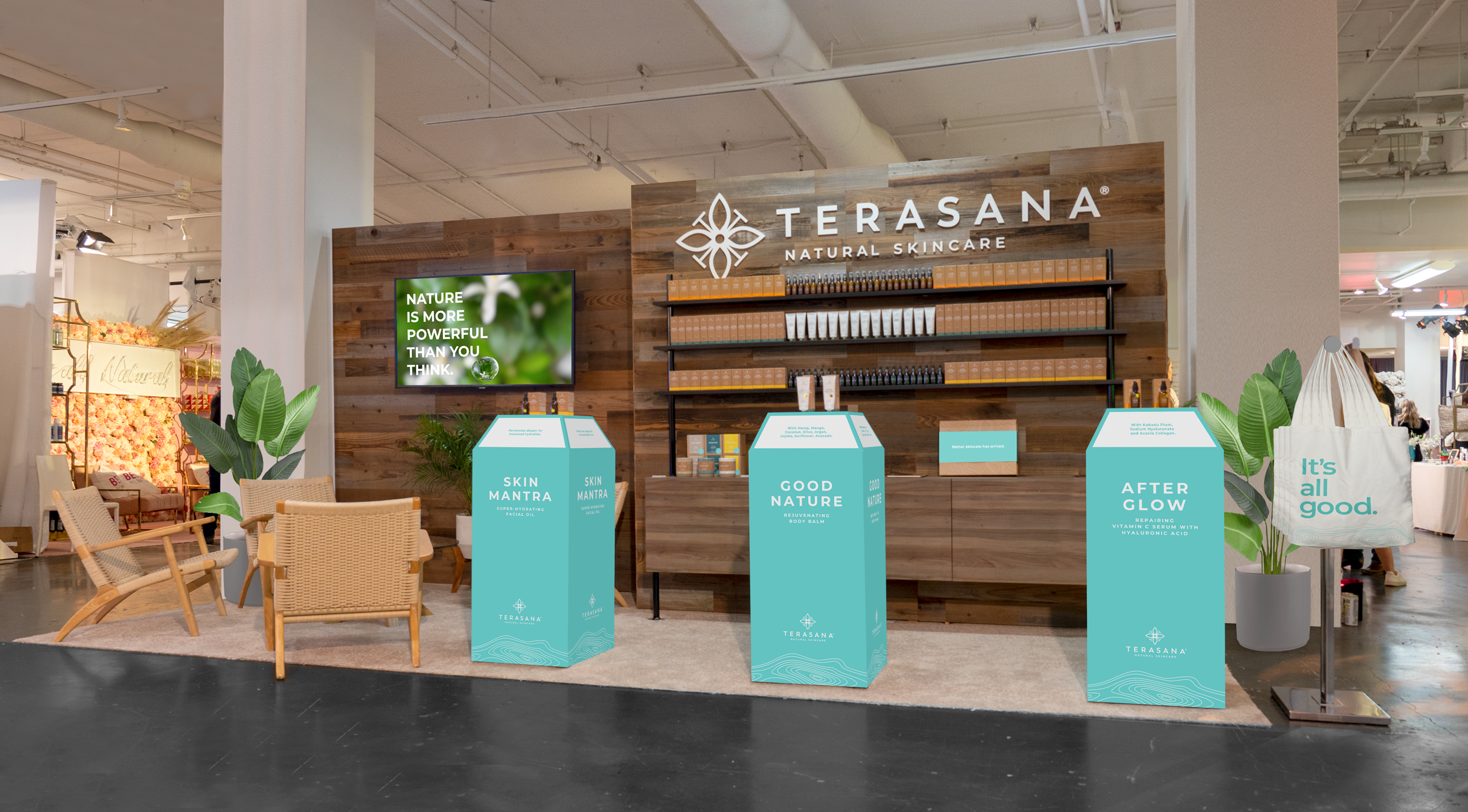 Exhibition booth for Terasana Natural Skincare with products on shelves, a monitor displaying green leaves and the quote 'Nature is more powerful than you think,' and promotional stands with skincare product descriptions.