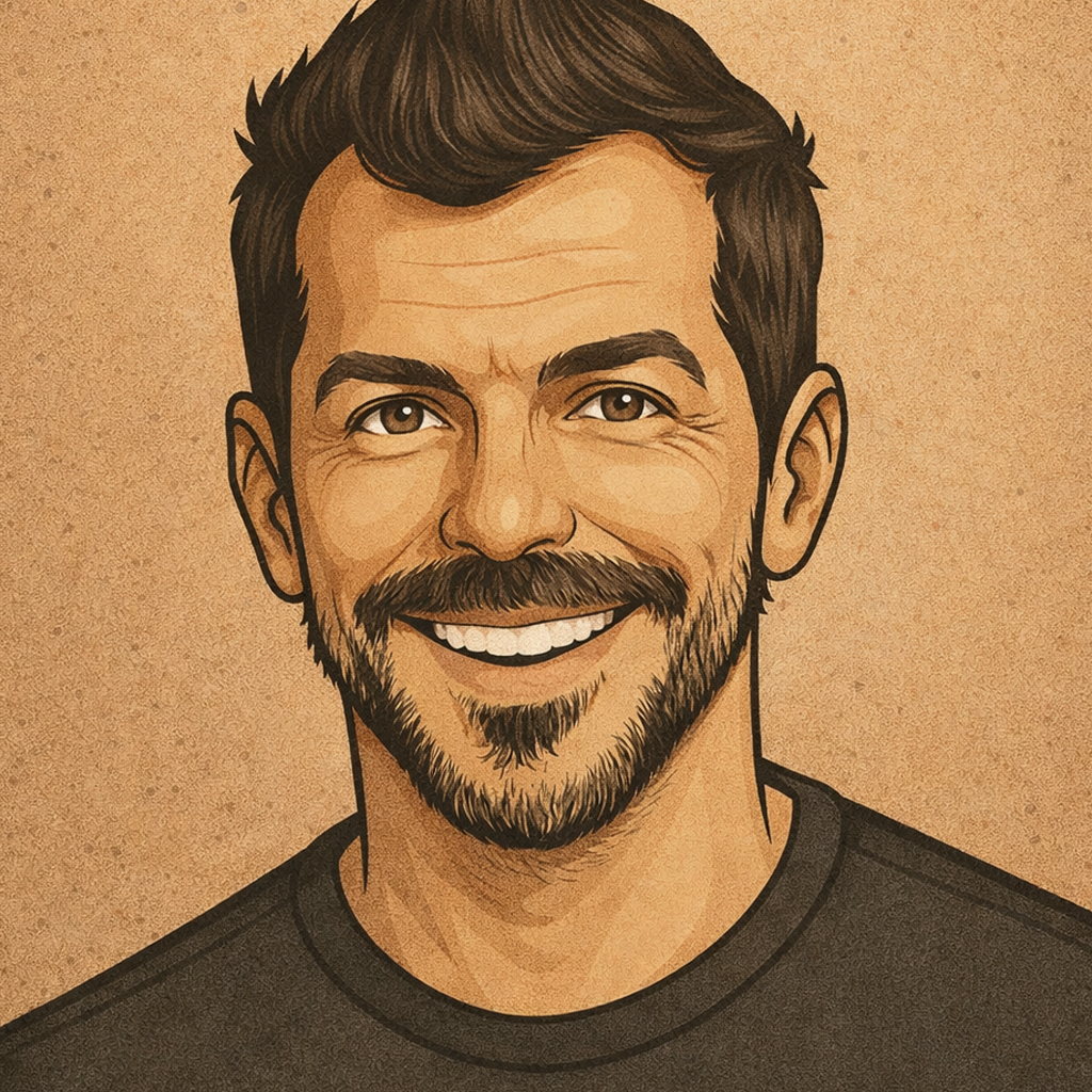 Illustration of a smiling man with dark hair and a beard, wearing a dark shirt, against a textured tan background.