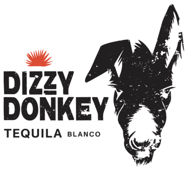 Brand logo for Dizzy Donkey tequila featuring a donkey's head and a red sunburst symbol.