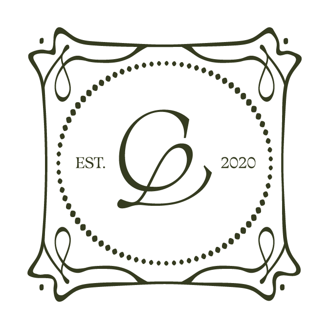 Stylized logo featuring a large cursive letter 'L' in the center, surrounded by a dotted circle, with decorative frame elements and the text 'EST. 2020' on either side of the circle, all in a dark green color on a black background.