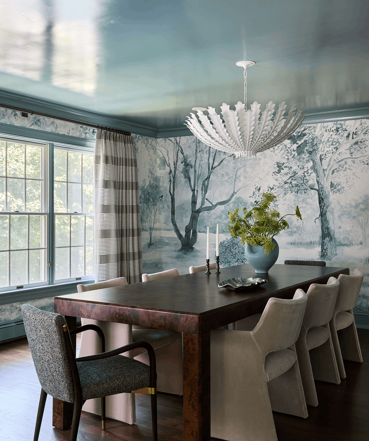a blue dining room by a luxury interior designer Greenwich CT