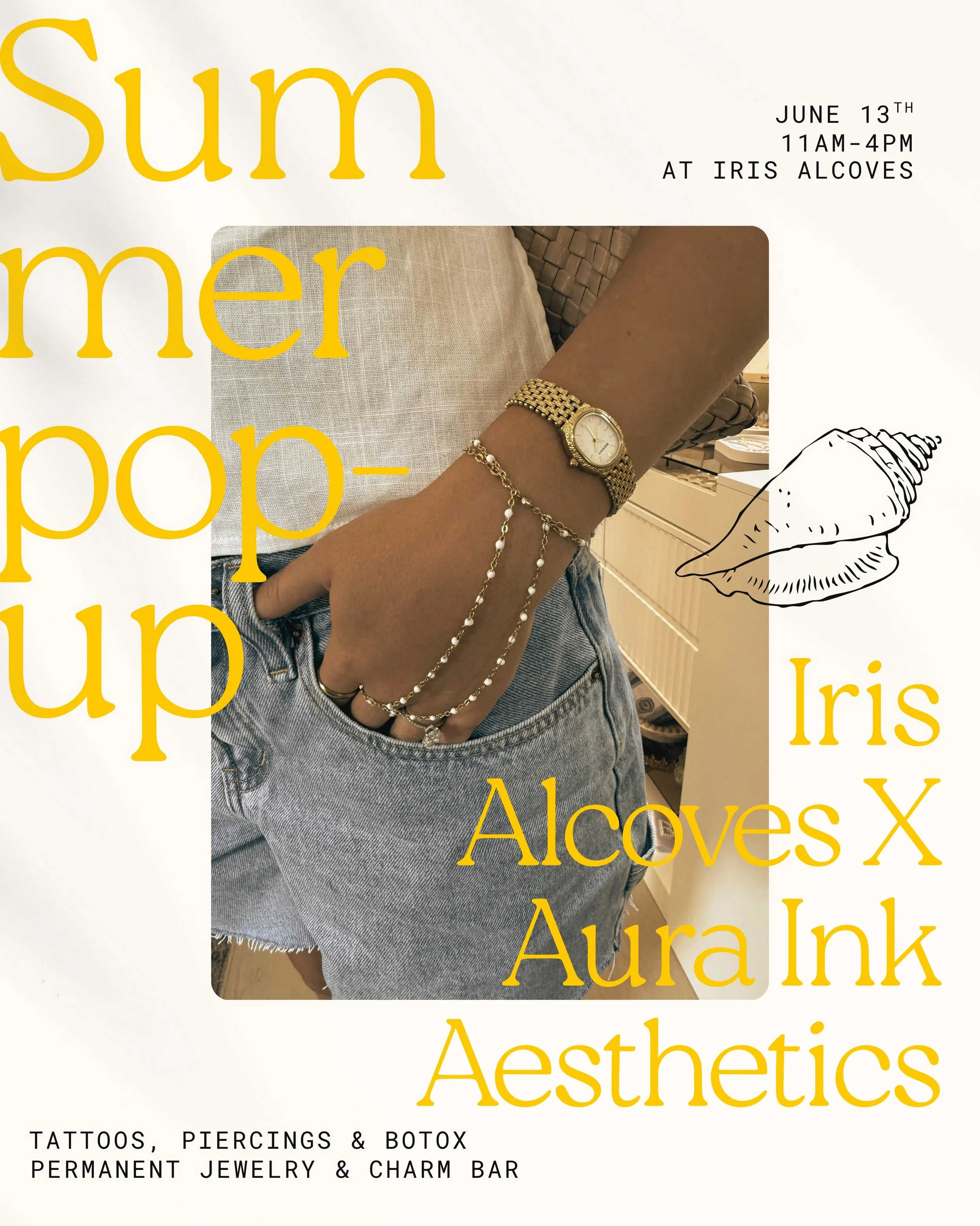 june 13th. iris alcoves. 11AM&ndash;4PM. 🐚 tattoos. piercings. botox. permanent jewelry. charm bar. deals. 

your whole summer look in one afternoon. 

stack &amp; save + 20% off retail jewelry. link in bio to book. 🌊

DM @inkd.by.alex to book your