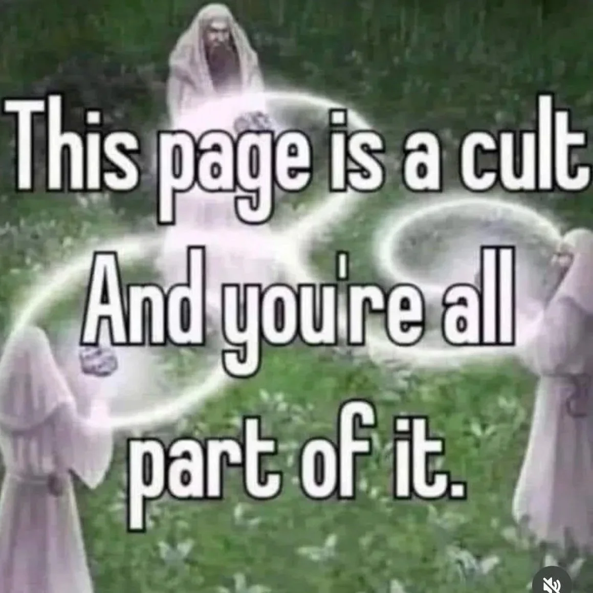A meme with an image of Jesus Christ appearing through a glowing presence, with two angels on either side. The text reads: "This page is a cult and you're all part of it."