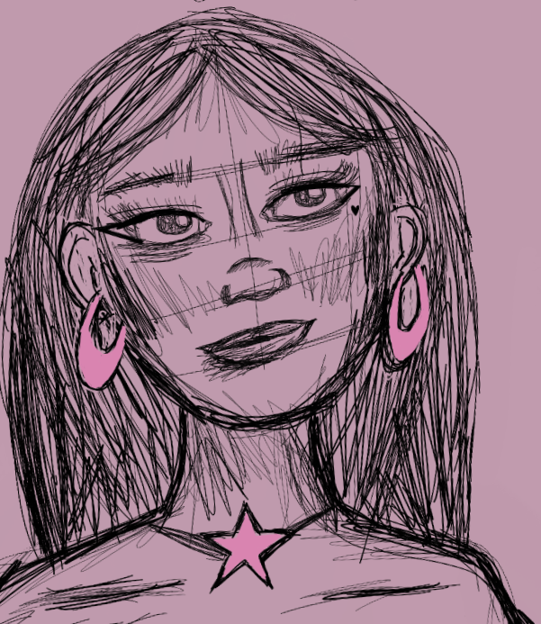 Sketch of a woman with long hair, large earrings, a star necklace, and makeup, on a pink background.