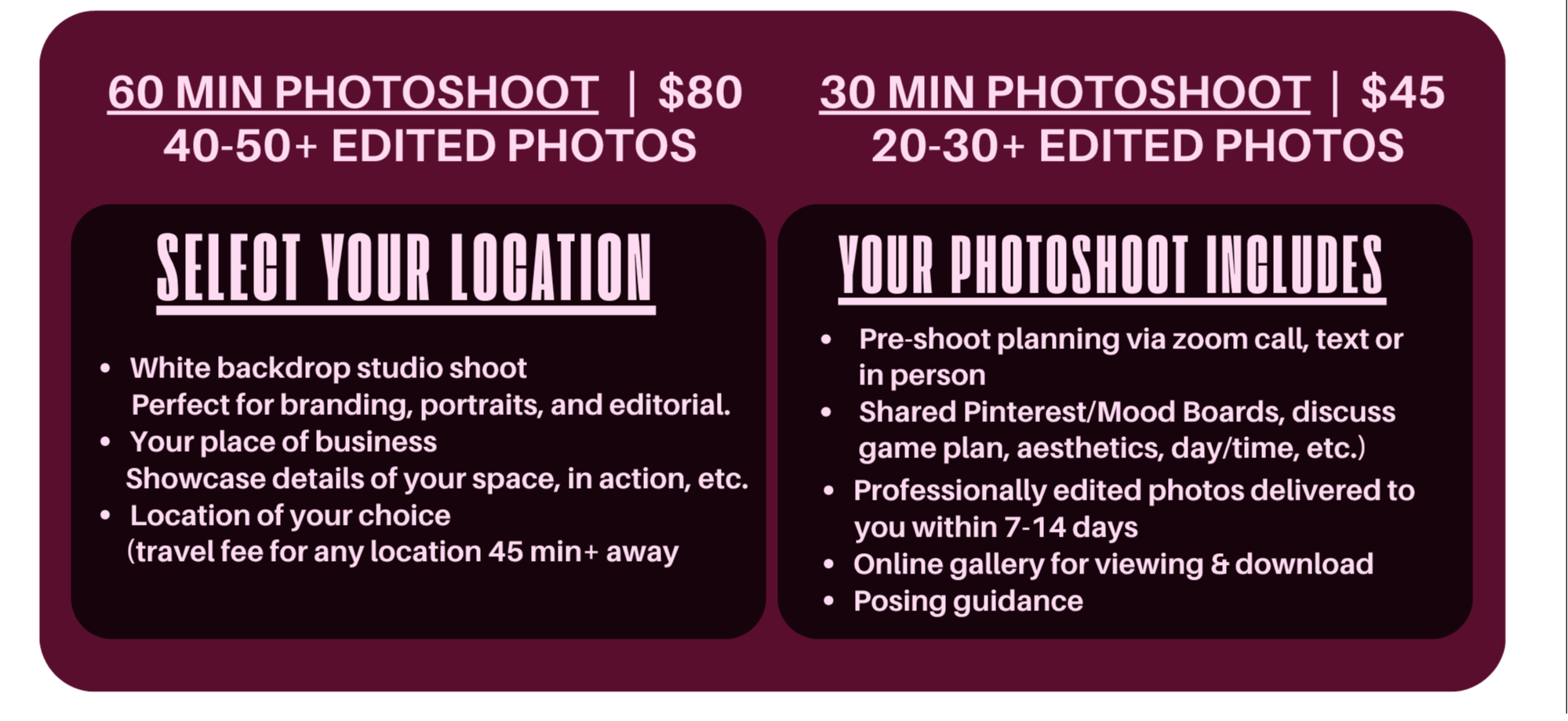 A promotional graphic for photography packages, listing costs and details for 60-minute and 30-minute photoshoots, with options to select location and included services such as pre-shoot planning, shared Pinterest Boards, professional editing, online gallery, and posing guidance.