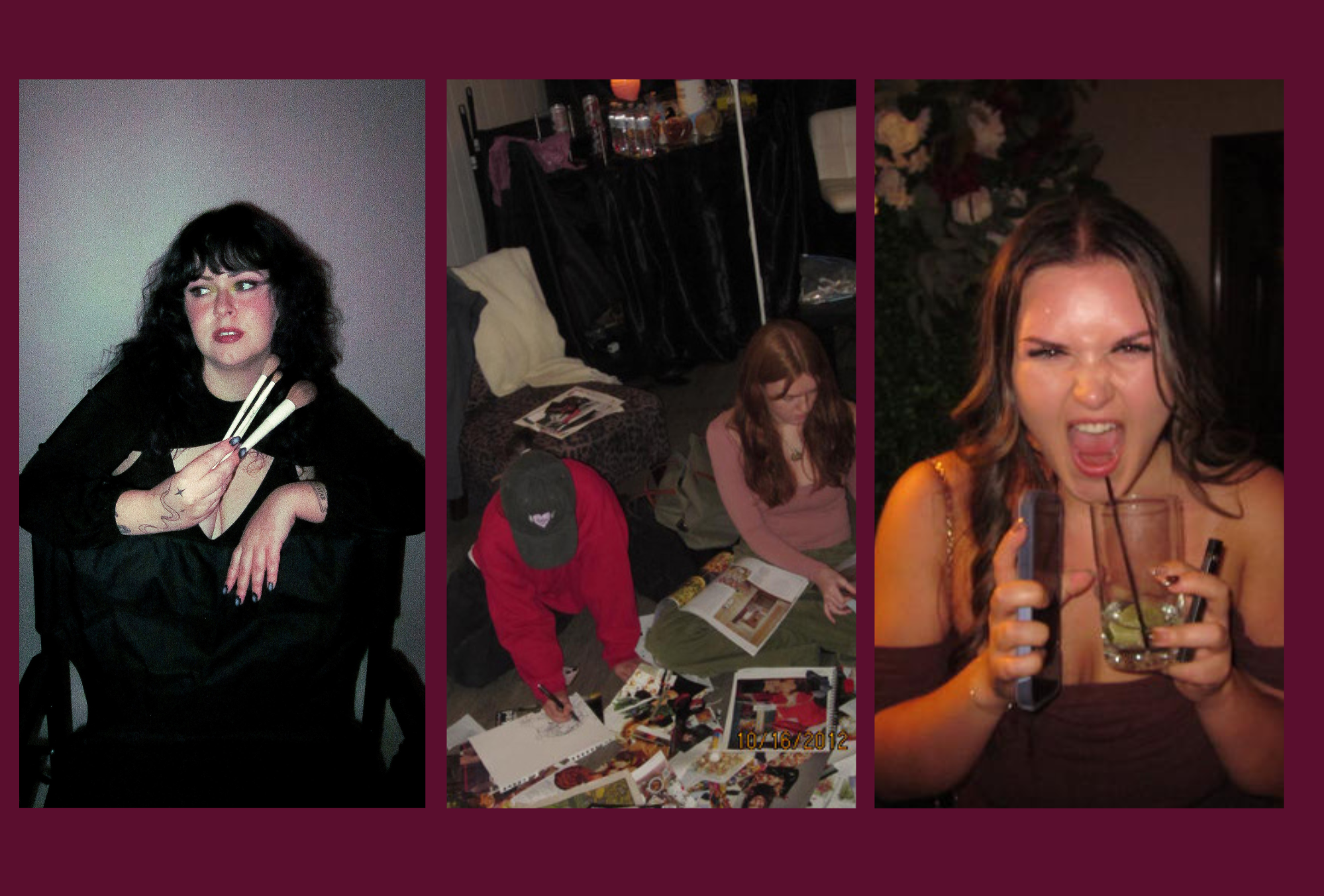 Three side-by-side photos of young women at a social gathering. The first woman has dark curly hair, tattoos, and is holding makeup brushes. The second photo shows two people sitting on the floor, one with a cap and red sweatshirt, the other with long red hair, surrounded by magazines and art supplies. The third woman has brown hair, is making a scrunched face, and is holding a glass with a drink, a phone, and a makeup item.