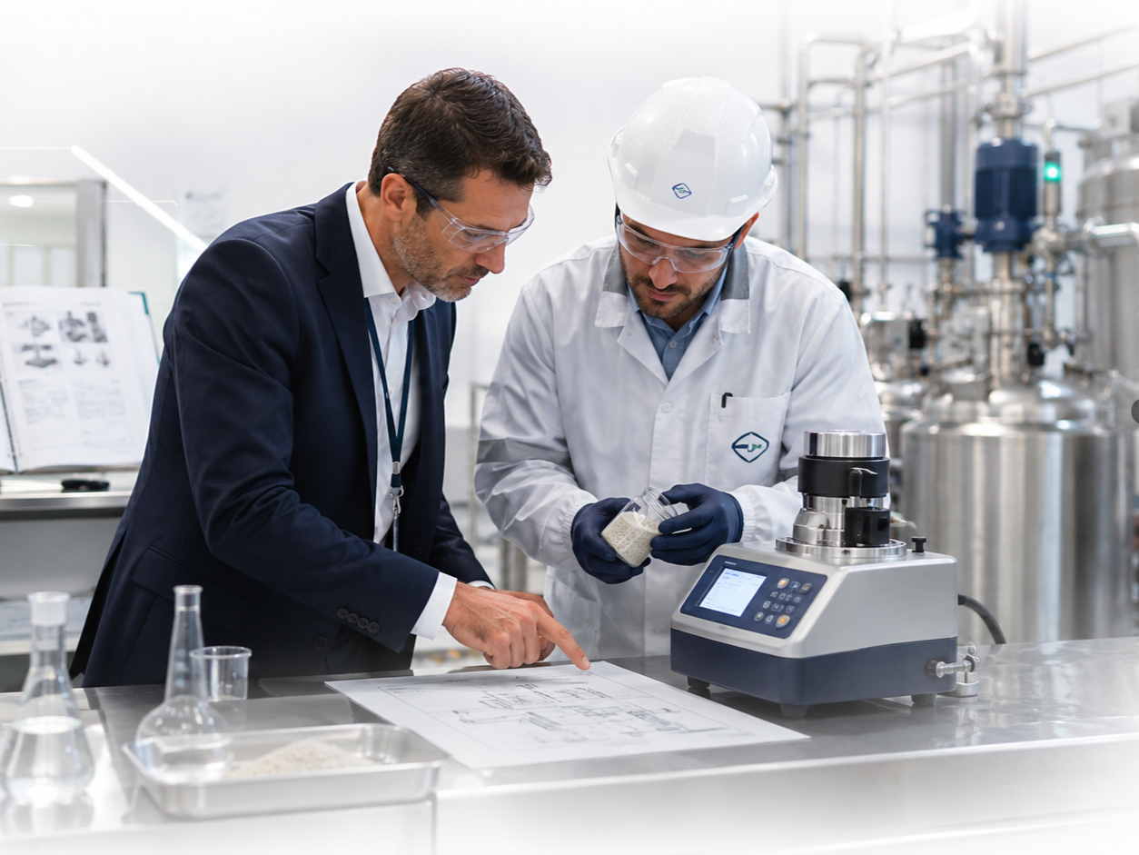 Profesionales evaluando procesos y resultados en laboratorio para apoyar sistemas de gestión, cumplimiento normativo y mejora continua.