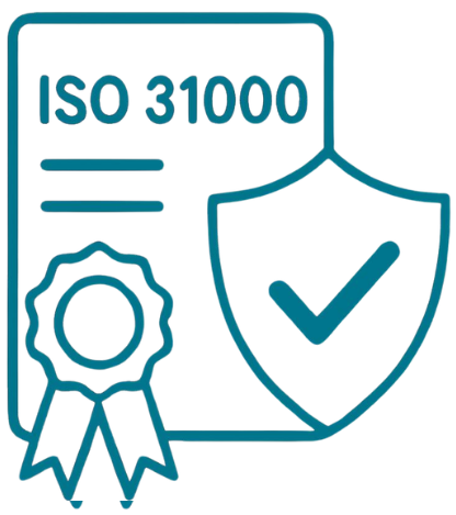 Certificado de cumplimiento con la norma ISO 31000 con un sello de protección y una marca de aprobación.