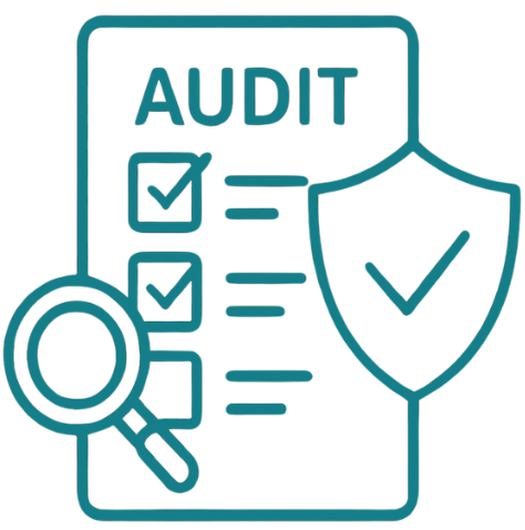 Ilustración de una auditoría con una lupa, lista de verificación y escudo de protección