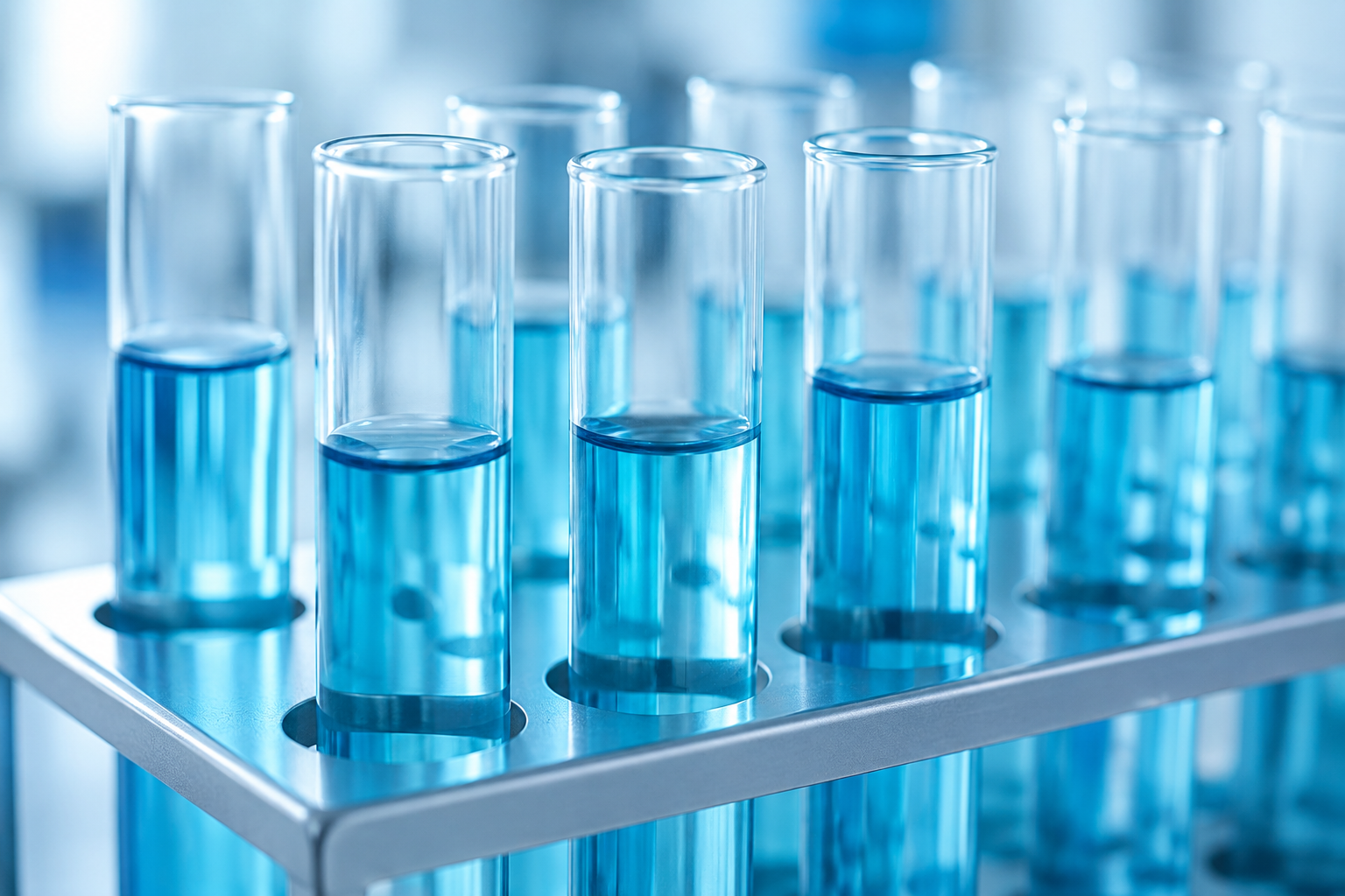 Varios tubos de ensayo con líquido azul en un soporte de metal, en un laboratorio.