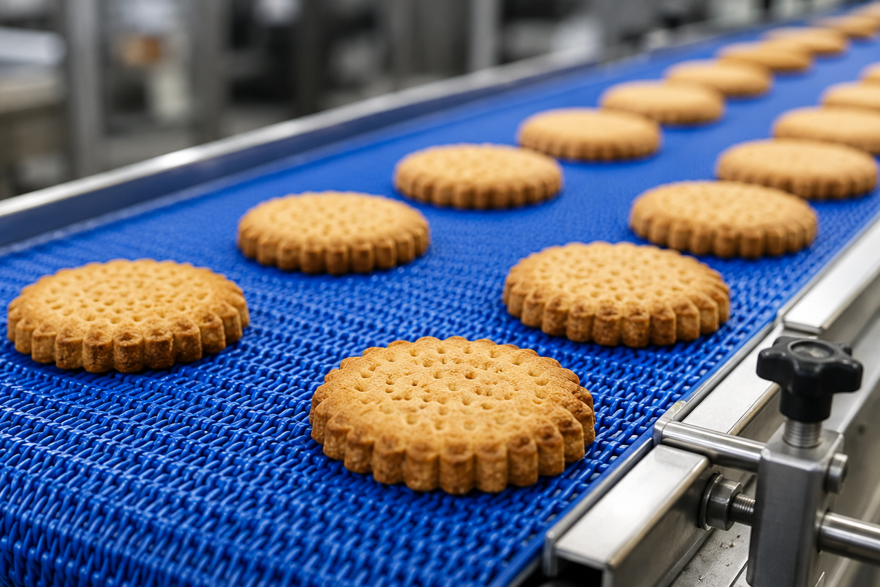 Galletas en una cinta transportadora en una planta de producción.