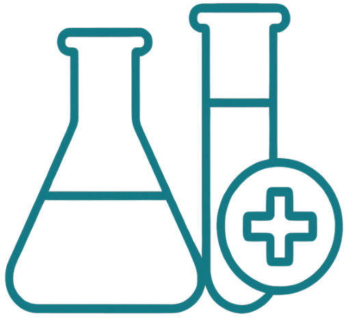 Imágenes de dos matraces de laboratorio, uno con líquido y otro con una cruz médica en un círculo.