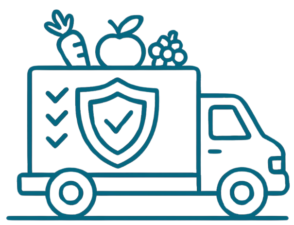 Camión de reparto con símbolo de protección y frutas y verduras en la parte superior.
