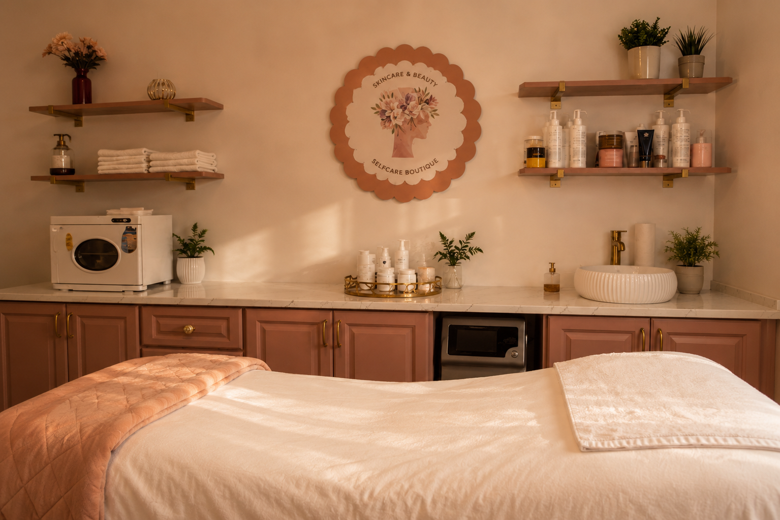 The Aesthetica treatment room at The Pink House. A comfortable facial bed, made with white sheets and soft linens looks welcoming and warm. The counter behind the facial bed displays facial products and supplies.
