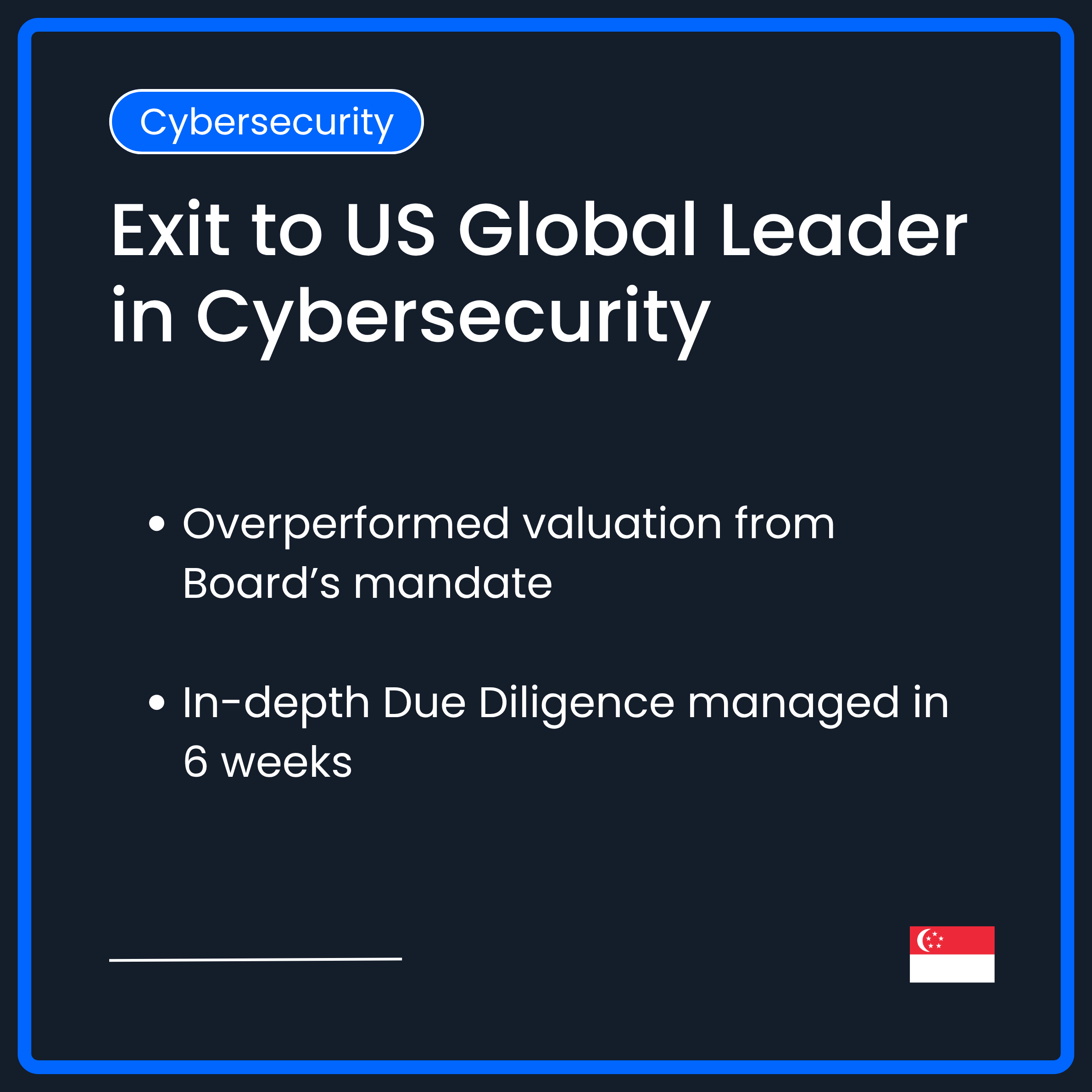 Exit to US Global Leader in Cybersecurity. Overperformed valuation from Board's mandate. In-depth Due Diligence managed in 6 weeks.