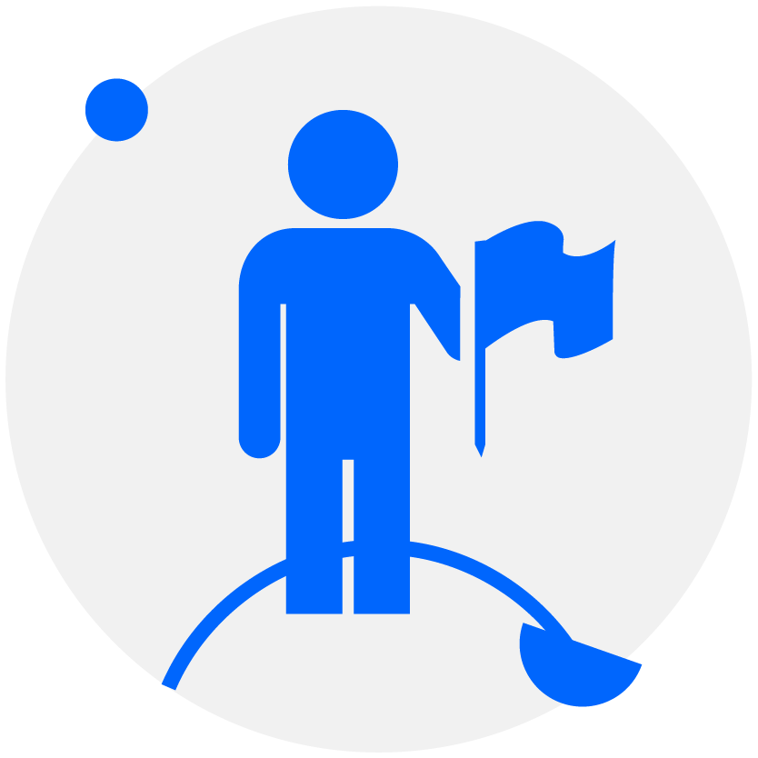 Blue icon of a person standing on a curved surface and holding a flag, with a small circle on their head, inside a white circle with a black background.