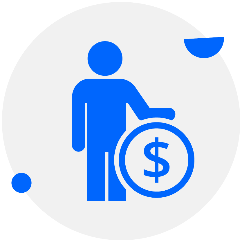 Icon of a person in blue holding a dollar sign coin, representing financial or monetary concepts.