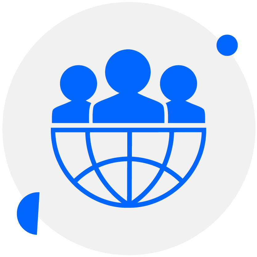 Icon of three people above a globe with latitude and longitude lines.