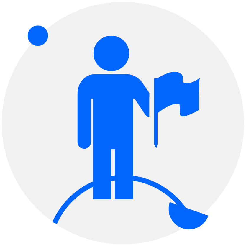 Silhouette of a person holding a flag, standing on a rounded surface with a bird nearby, all within a gray circle.