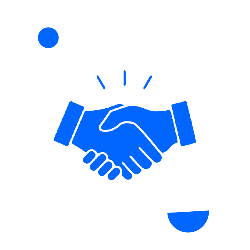 Blue icon of two hands shaking inside a white circle, with small lines above suggesting emphasis or agreement.