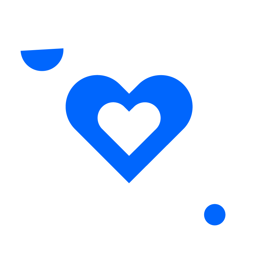 A blue heart icon inside a larger white circle with two smaller blue circles on the edges of the circle, set against a black background.
