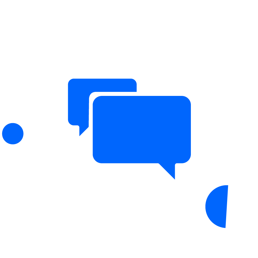 Chat bubble icons in blue on a white circular background.