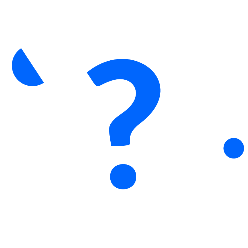 A white circular icon with a large blue question mark in the center, surrounded by smaller blue dots.