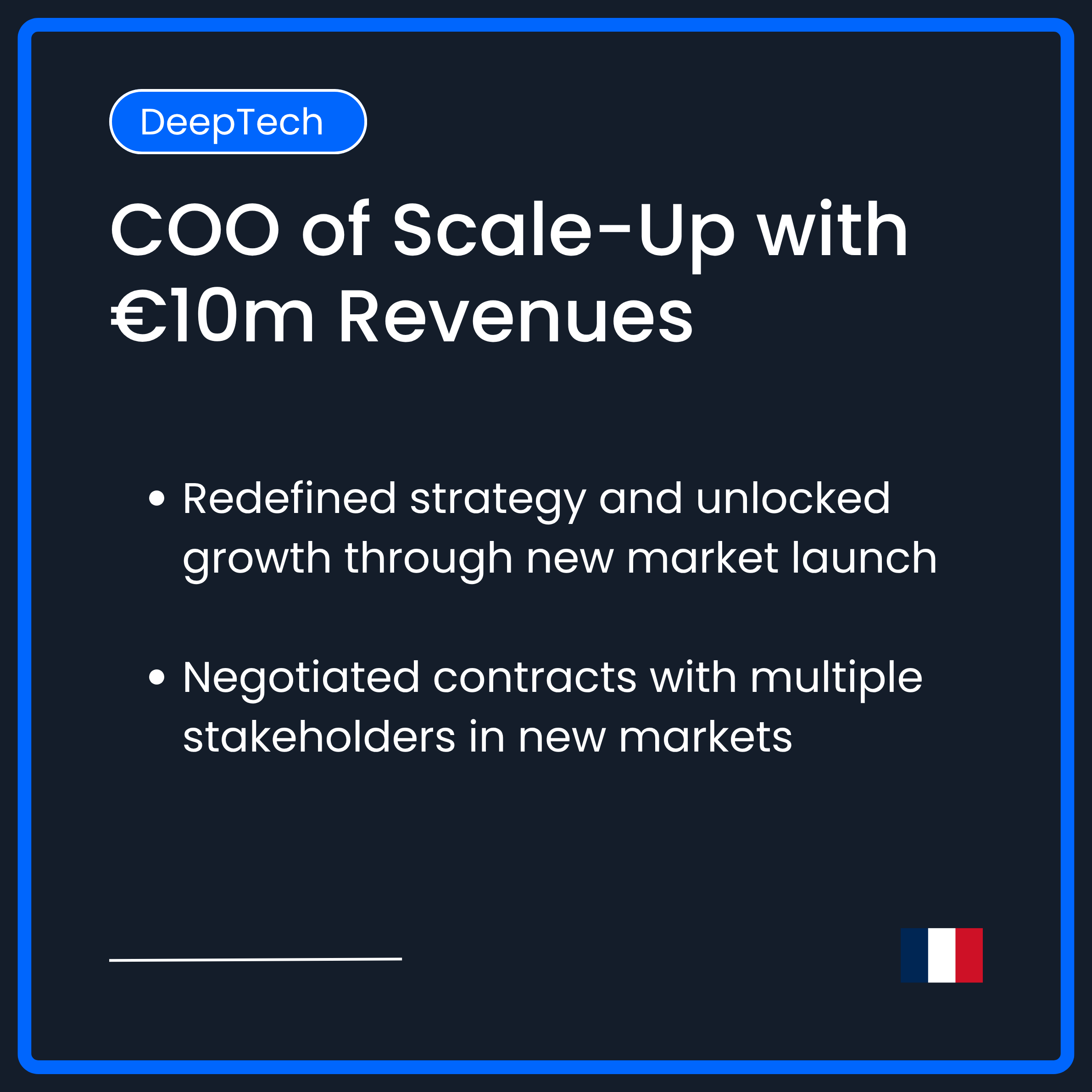 COO of Scale-up with €10m Revenues. Redefined Strategy and unlocked growth trough new market launch. Negotiated contracts with multiple stakeholders