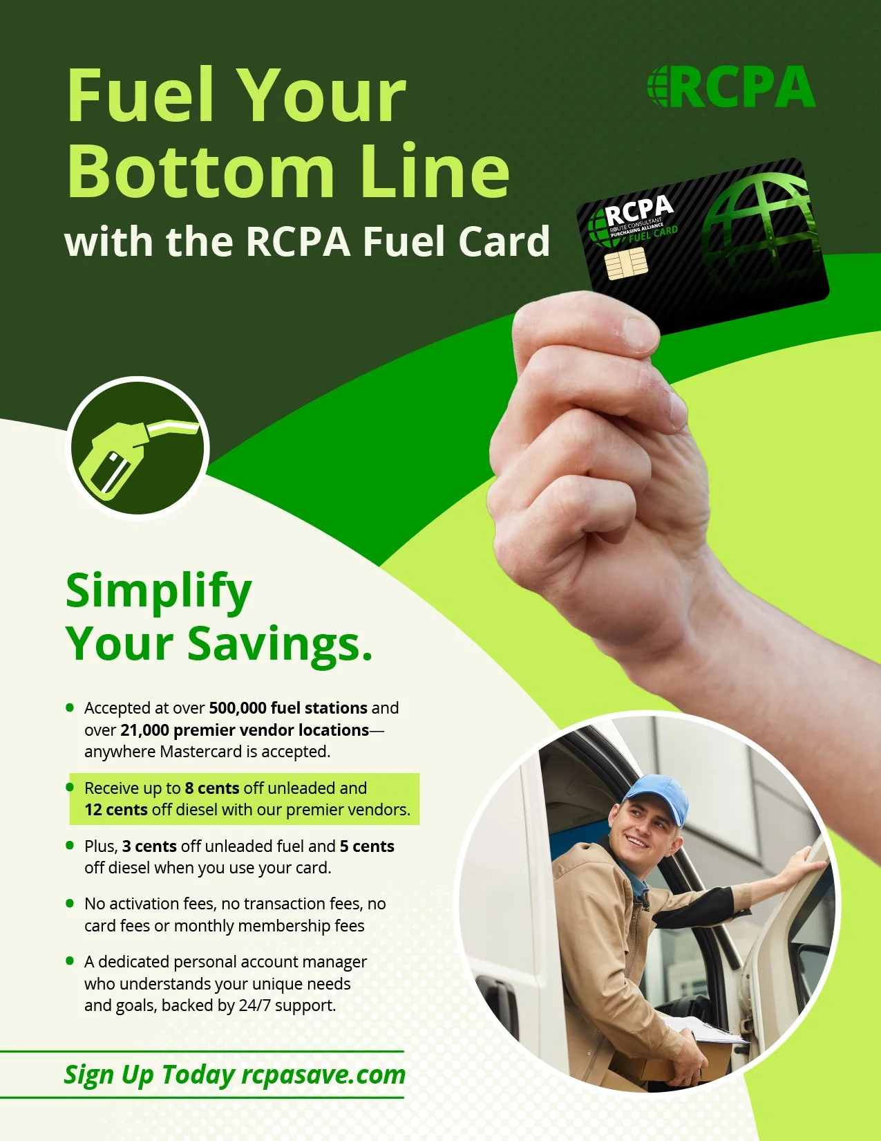 A promotional flyer for the Fuel Card featuring a hand holding a fuel card, a smiling man in a uniform near fuel pumps, and text highlighting savings and benefits.