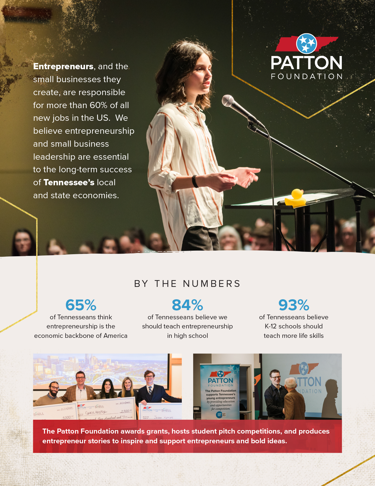 A woman speaking at a podium with a microphone in front of an audience, with text about entrepreneurship.