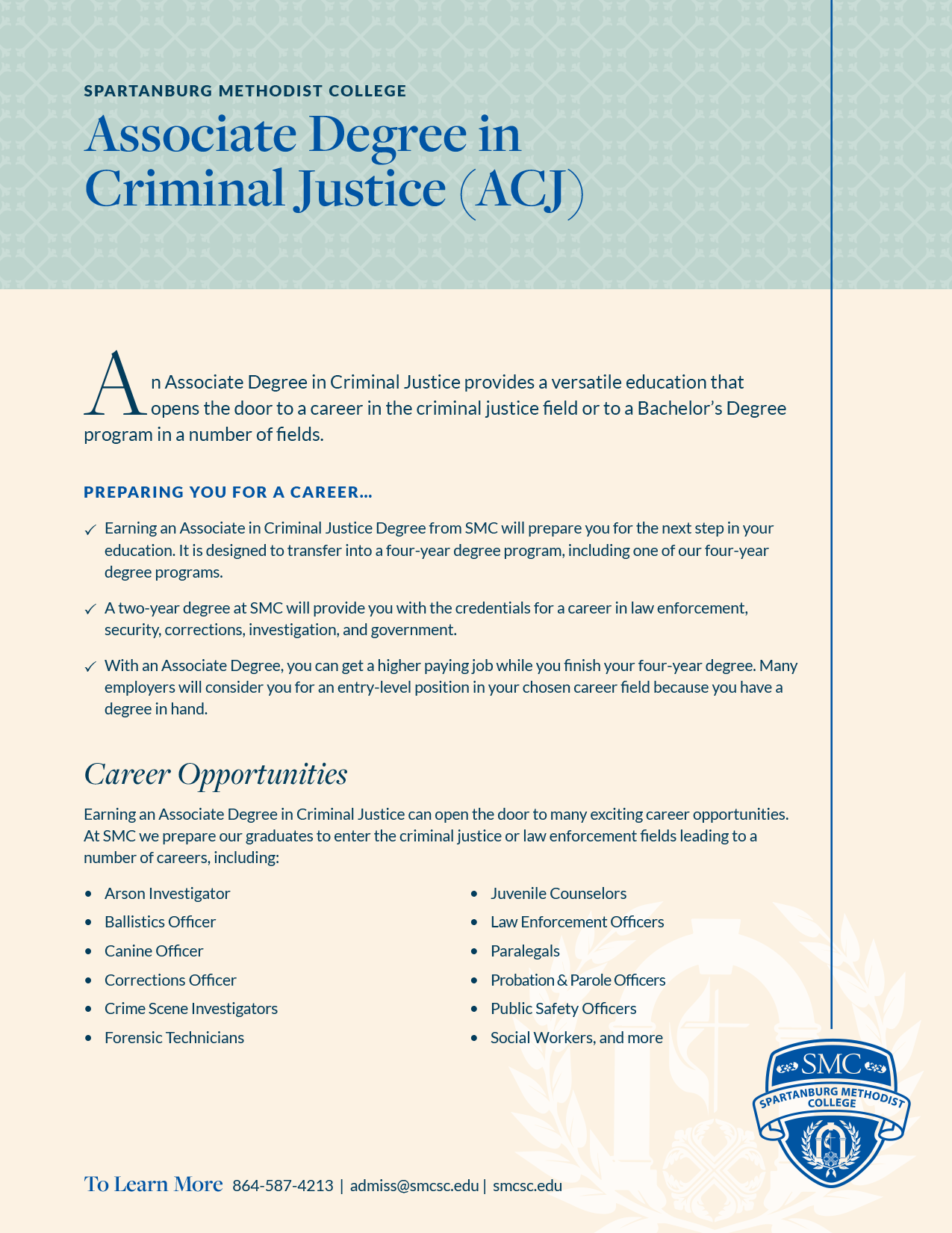 Brochure for Associate Degree in Criminal Justice at Spartanburg Methodist College, featuring program overview, career opportunities, and contact information.