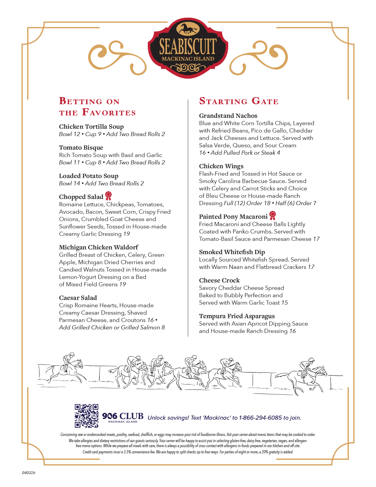 Menu for Seabiscuit Mackinac Island featuring two sections: Betting on the Favorites and Starting Gate, with various food options including chicken tortilla soup, tomato bisque, loaded potato soup, salads, chicken wings, mac and cheese, fish dip, che