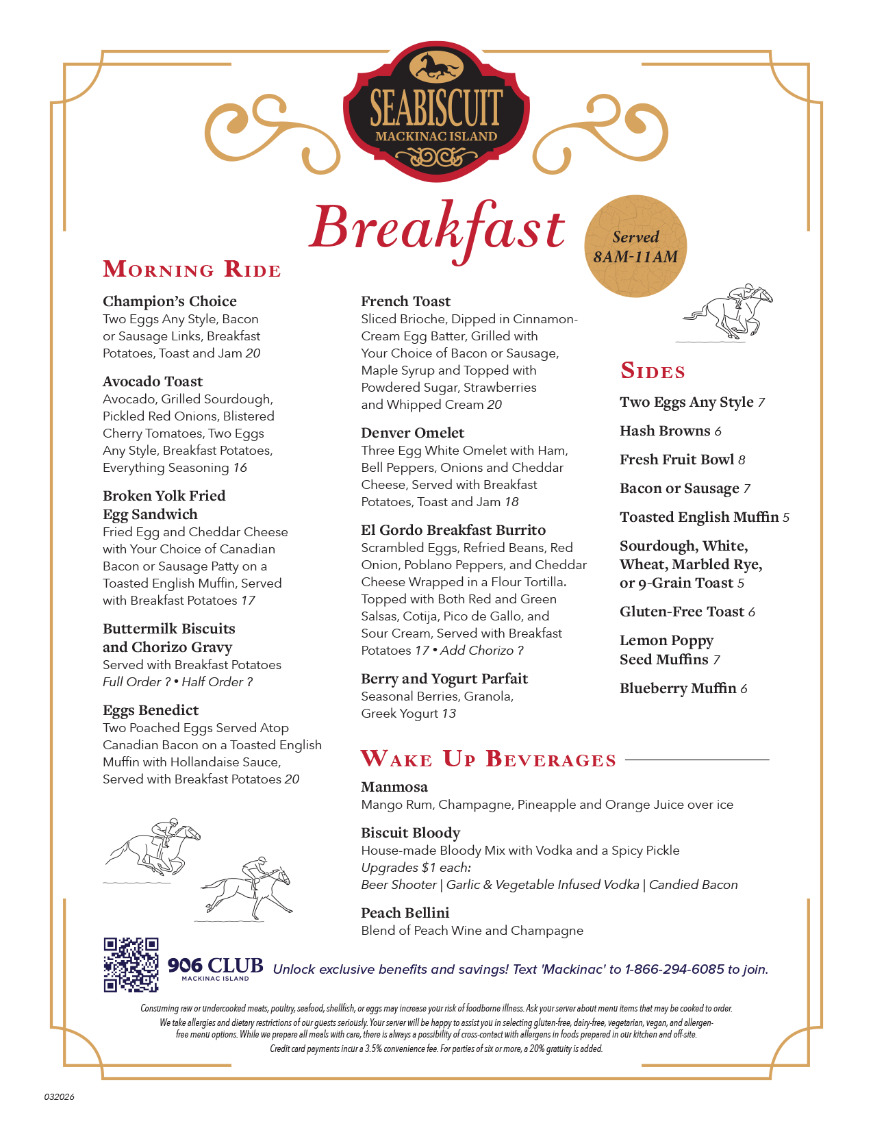 Breakfast menu from Seabiscuit Mackinac Island featuring options like Champion's Choice, Avocado Toast, Broken Yolk Fried Egg Sandwich, Buttermilk Biscuits and Chorizo Gravy, Eggs Benedict, French Toast, Denver Omelet, El Gordo Breakfast Burrito, Ber