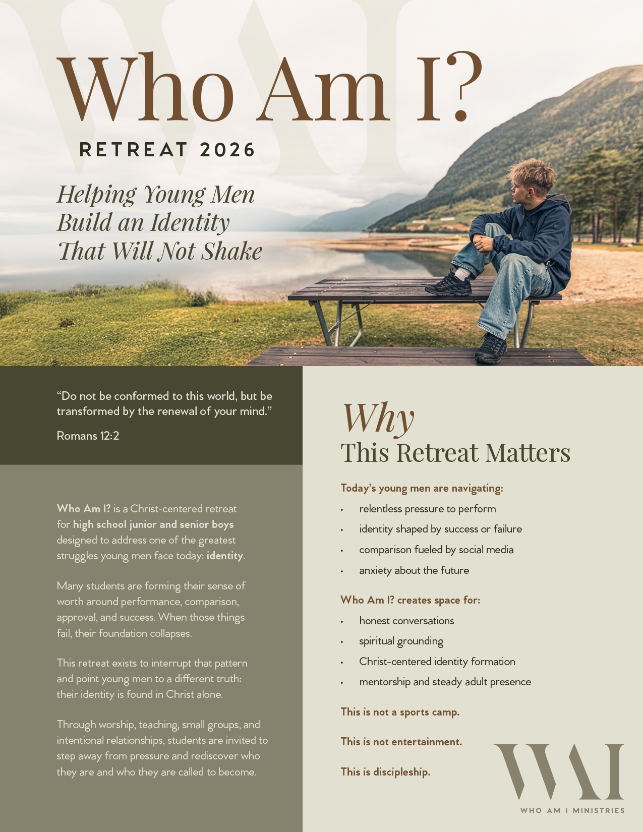 A promotional flyer for a retreat in 2026, featuring a young man sitting on a dock by a lake with mountains in the background, and text about the retreat's purpose and themes.