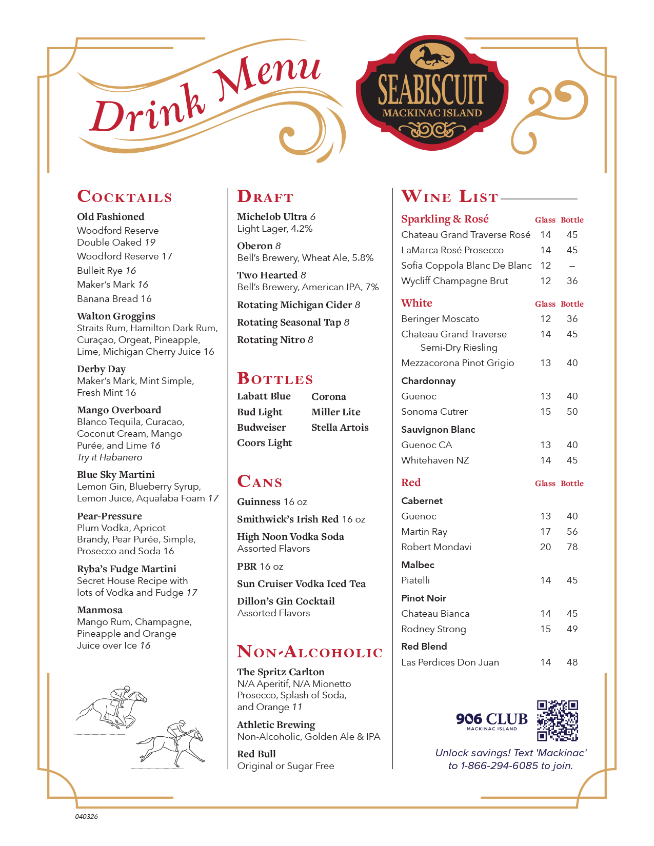 Drink menu from SebaScut Mackinac Island listing cocktails, draft beers, bottled beers, cans, non-alcoholic beverages, and wine options with prices.