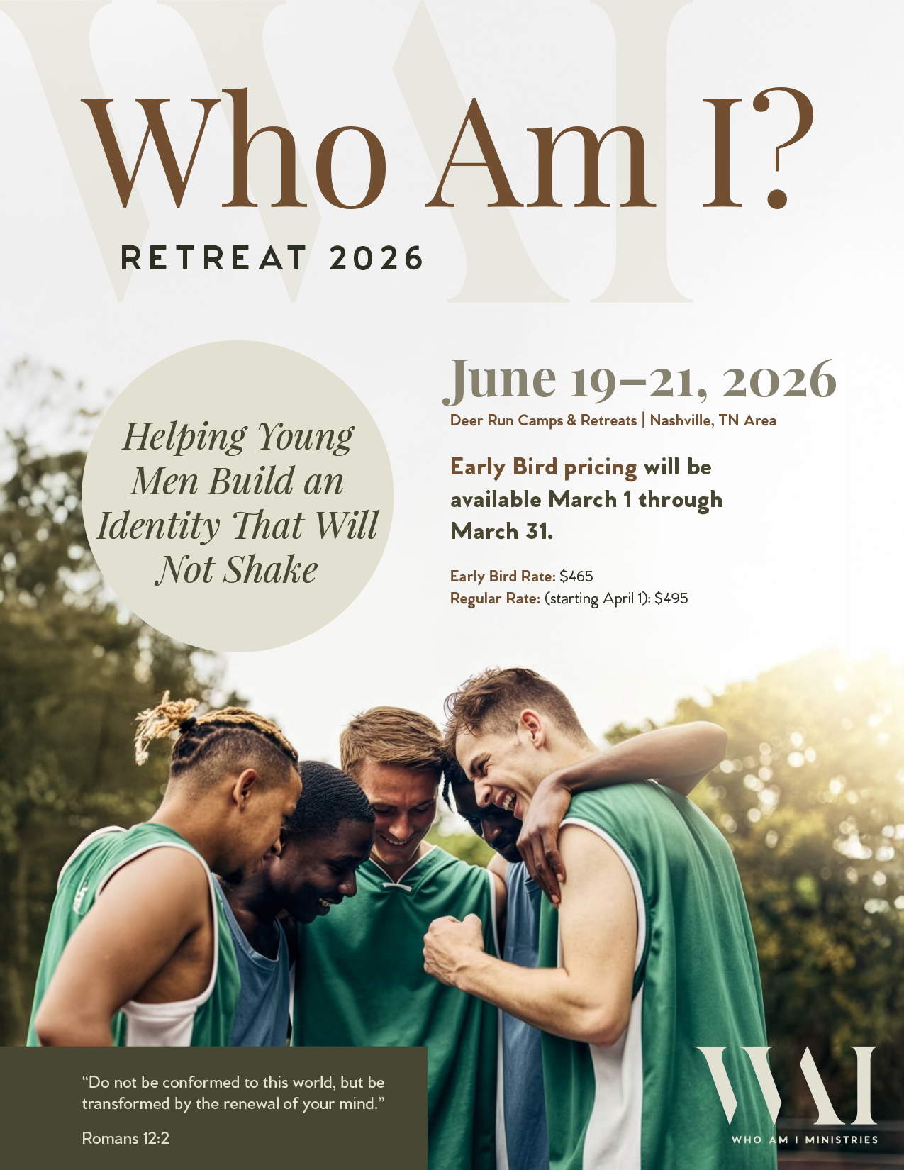 Poster for a RETREAT 2026,' featuring a group of young men in green sports jerseys, trees and sunlight in the background.